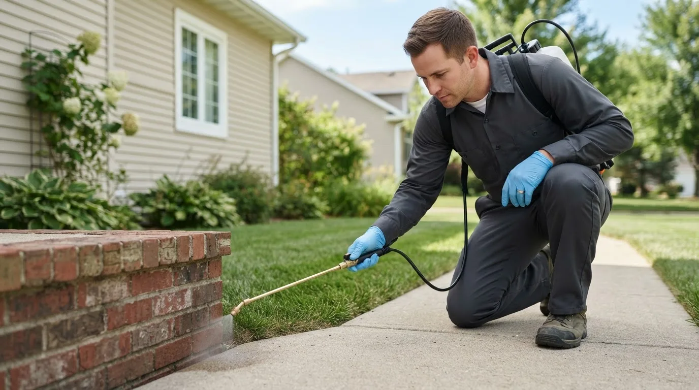 Pest control technician treating a home near Sykeston, ND